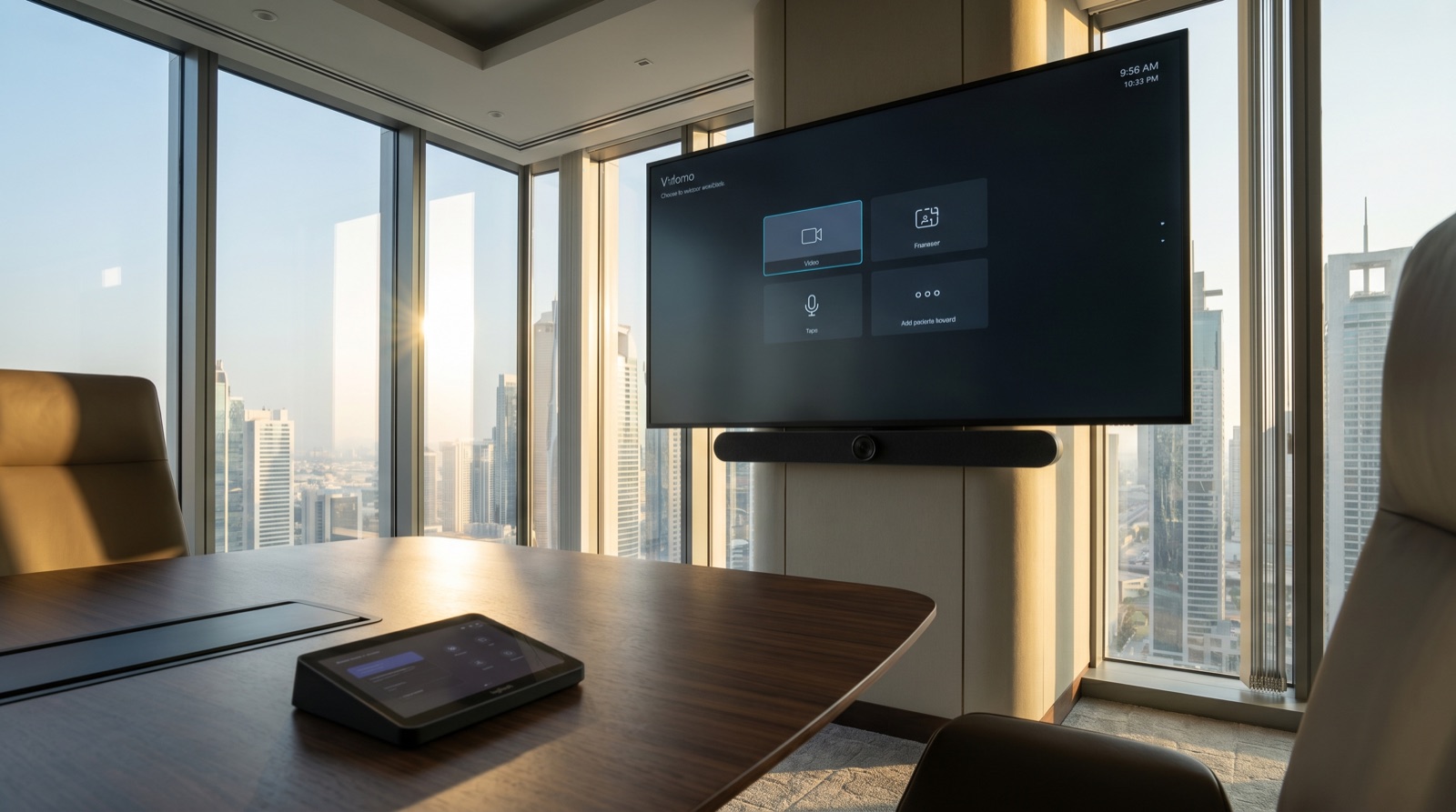 Logitech Rally Bar under a wall-mounted display in a Dubai boardroom