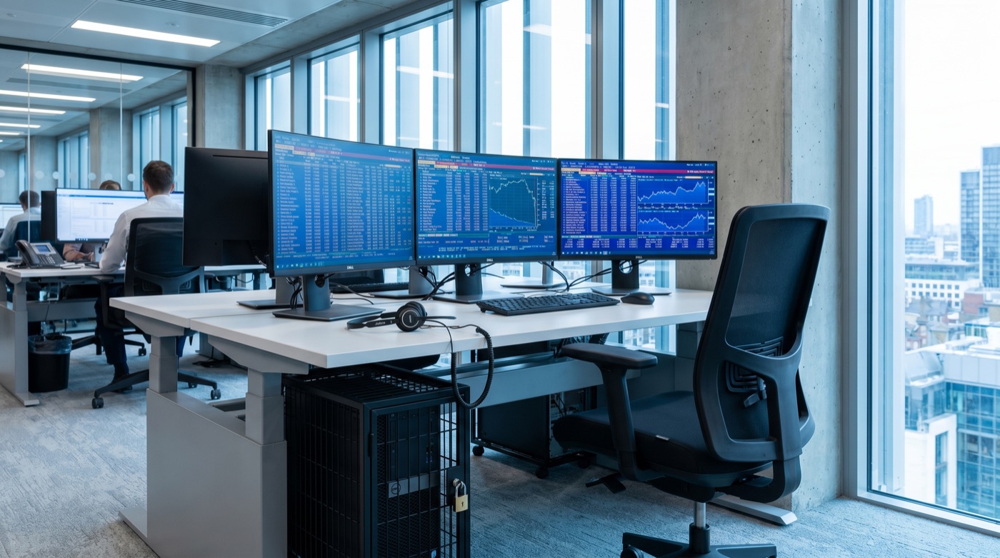 Trading desk with three Dell UltraSharp monitors showing market data