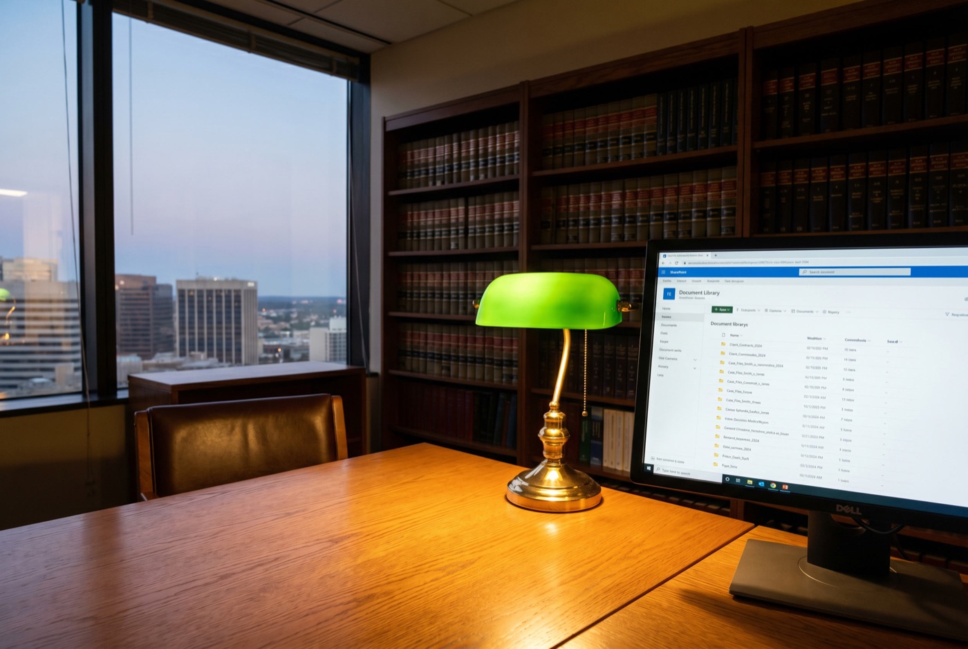 Dubai law firm partner office with bookshelves, banker’s lamp and Dell monitor