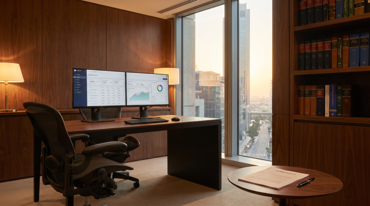 Dubai private-equity partner office at DIFC with walnut-panelled walls, dark-wood desk, dual Dell monitors, Herman Miller Aeron chair and floor-to-ceiling sunset view over Gate Avenue